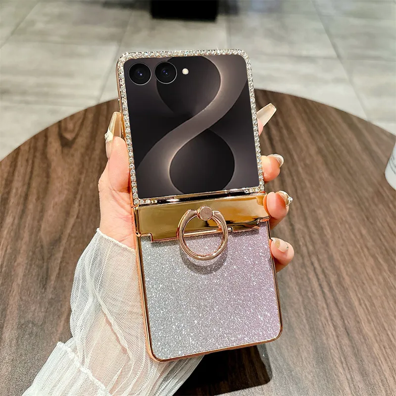 Compatible with Samsung ZFlip 8 phone case, ZFLIP 7 foldable screen glitter ring hinge full-coverage drop-proof protective leather case