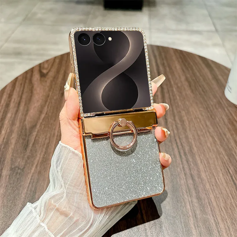 Compatible with Samsung ZFlip 8 phone case, ZFLIP 7 foldable screen glitter ring hinge full-coverage drop-proof protective leather case