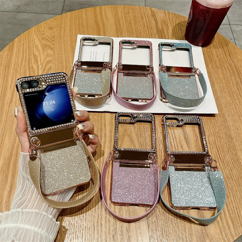 Compatible with Samsung ZFlip 6 phone case, ZFLIP 5 foldable screen glitter wrist strap, full-coverage drop-proof protective leather case