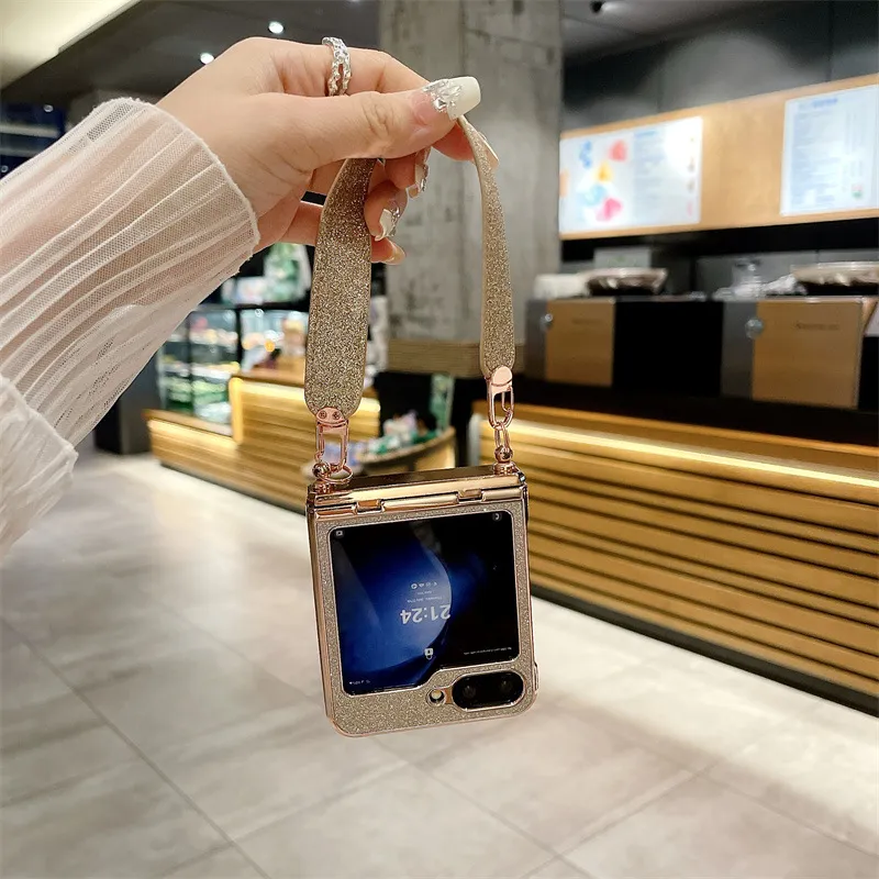 Compatible with Samsung ZFlip 6 phone case, ZFLIP 5 foldable screen glitter wrist strap, full-coverage drop-proof protective leather case