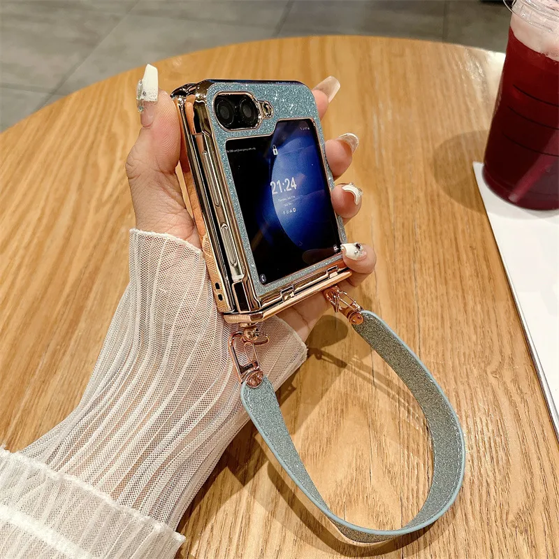Compatible with Samsung ZFlip 6 phone case, ZFLIP 5 foldable screen glitter wrist strap, full-coverage drop-proof protective leather case