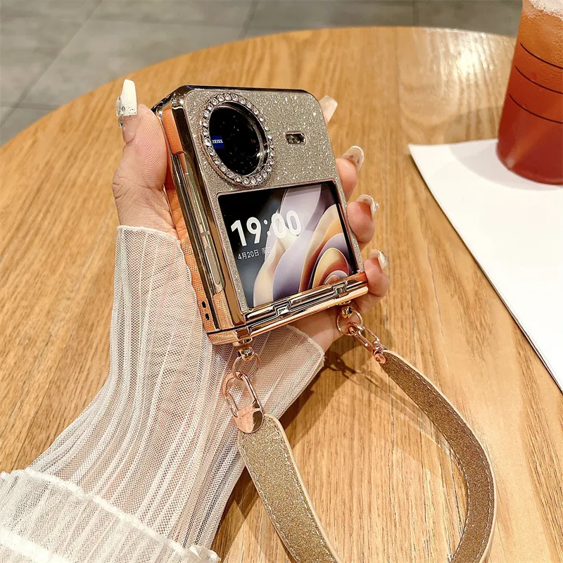 Compatible with vivo Xflip phone case, foldable screen, glitter, wrist strap, hinge, full-coverage anti-drop leather case