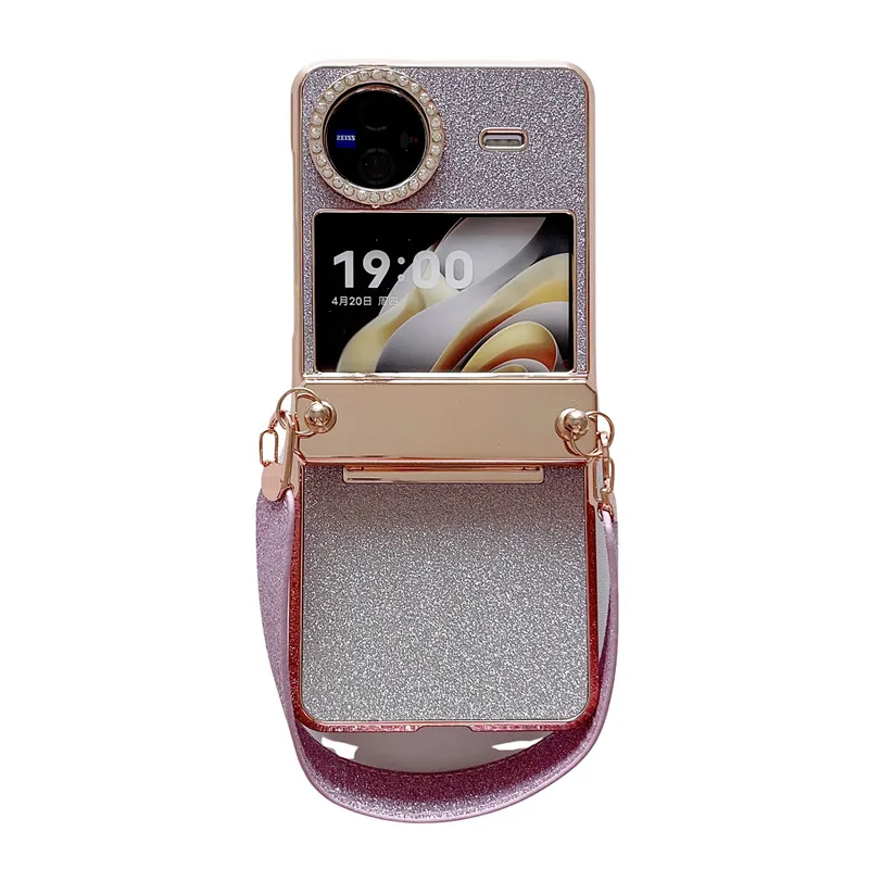 Compatible with vivo Xflip phone case, foldable screen, glitter, wrist strap, hinge, full-coverage anti-drop leather case