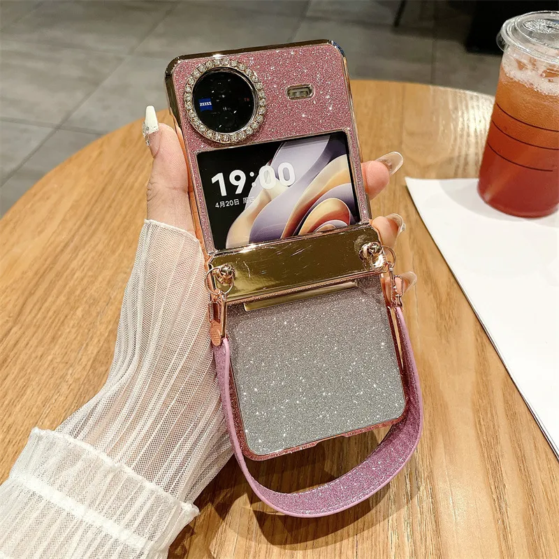 Compatible with vivo Xflip phone case, foldable screen, glitter, wrist strap, hinge, full-coverage anti-drop leather case