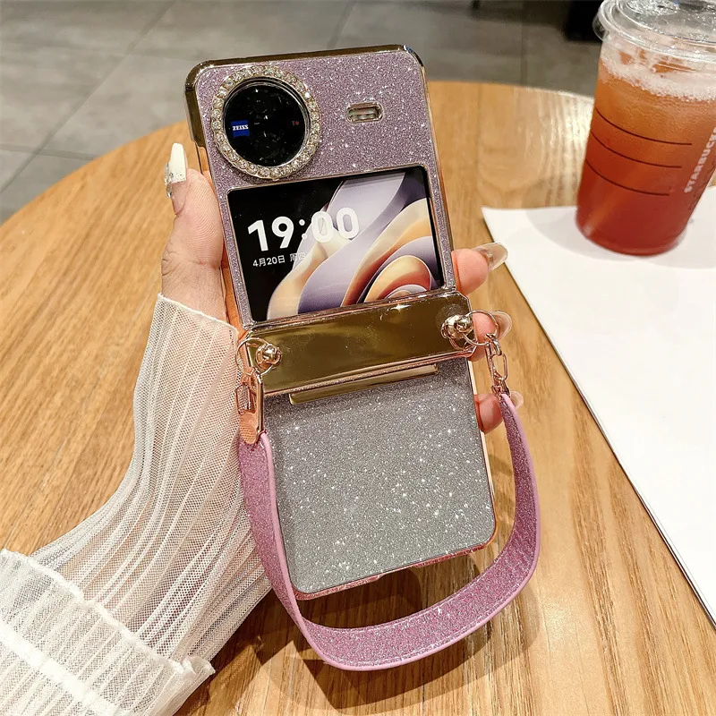 Compatible with vivo Xflip phone case, foldable screen, glitter, wrist strap, hinge, full-coverage anti-drop leather case