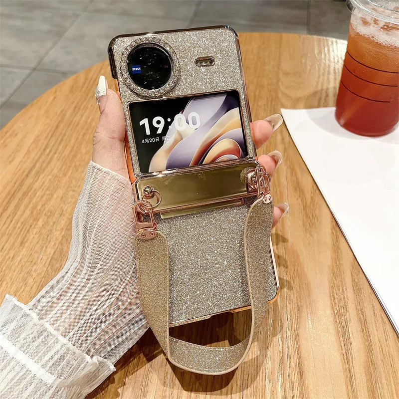 Compatible with vivo Xflip phone case, foldable screen, glitter, wrist strap, hinge, full-coverage anti-drop leather case