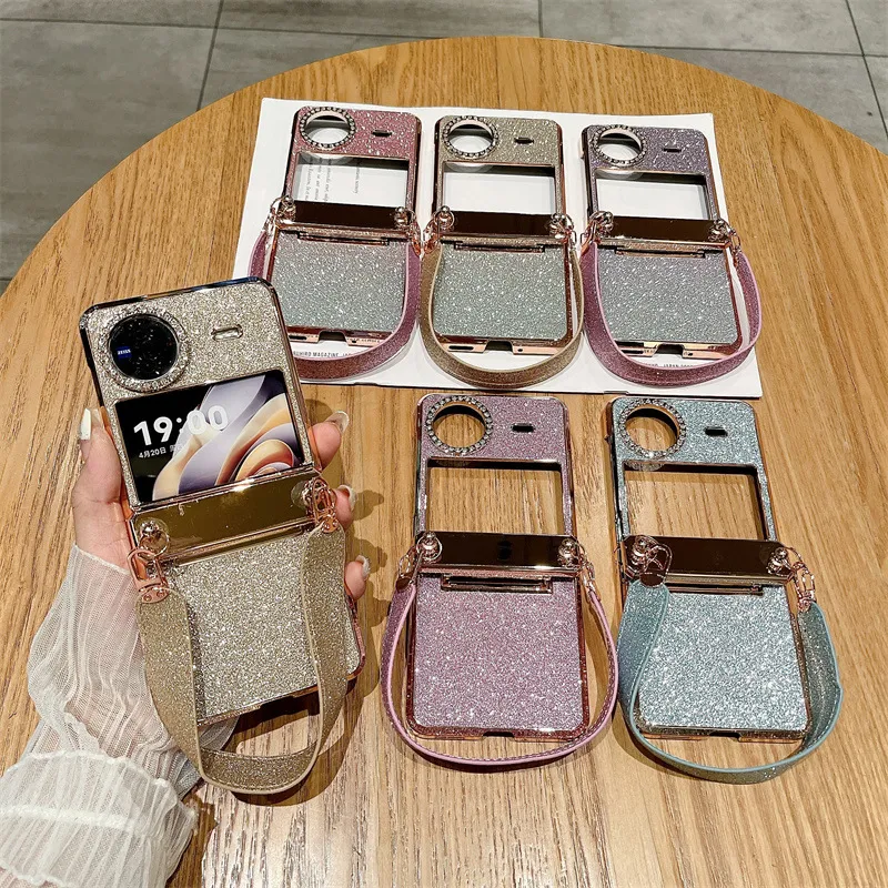 Compatible with vivo Xflip phone case, foldable screen, glitter, wrist strap, hinge, full-coverage anti-drop leather case