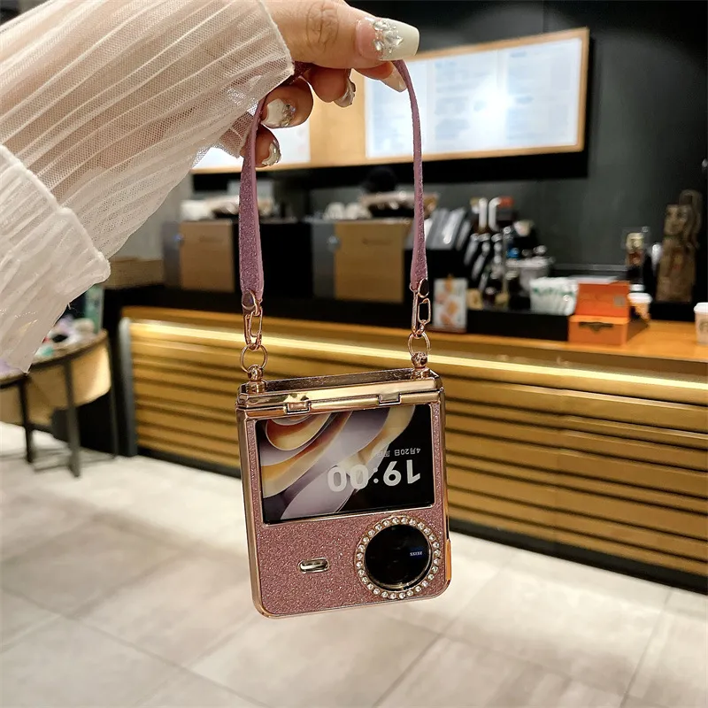 Compatible with vivo Xflip phone case, foldable screen, glitter, wrist strap, hinge, full-coverage anti-drop leather case
