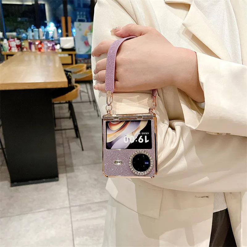 Compatible with vivo Xflip phone case, foldable screen, glitter, wrist strap, hinge, full-coverage anti-drop leather case