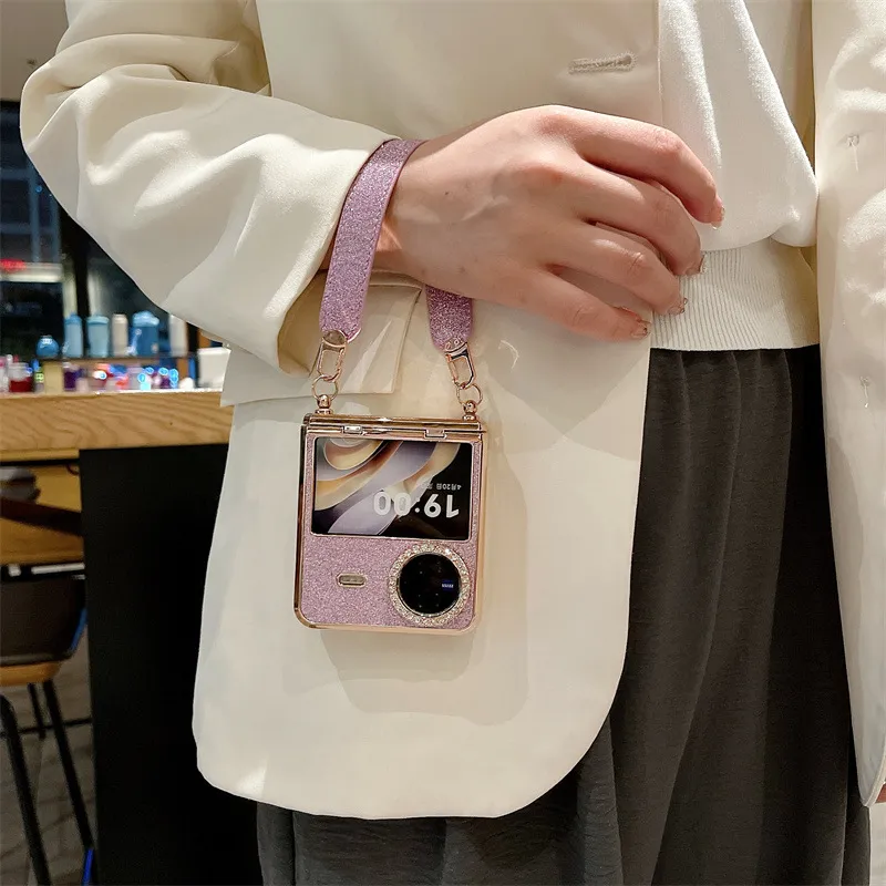 Compatible with vivo Xflip phone case, foldable screen, glitter, wrist strap, hinge, full-coverage anti-drop leather case