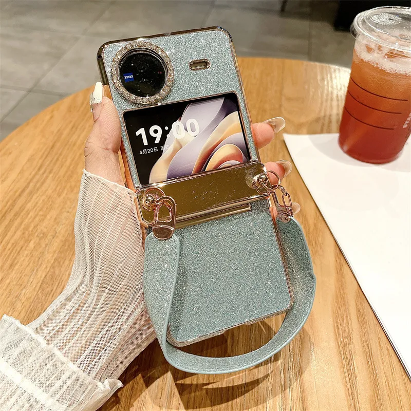 Compatible with vivo Xflip phone case, foldable screen, glitter, wrist strap, hinge, full-coverage anti-drop leather case