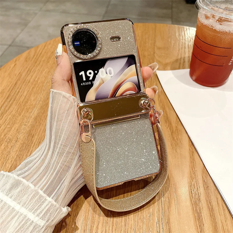 Compatible with vivo Xflip phone case, foldable screen, glitter, wrist strap, hinge, full-coverage anti-drop leather case
