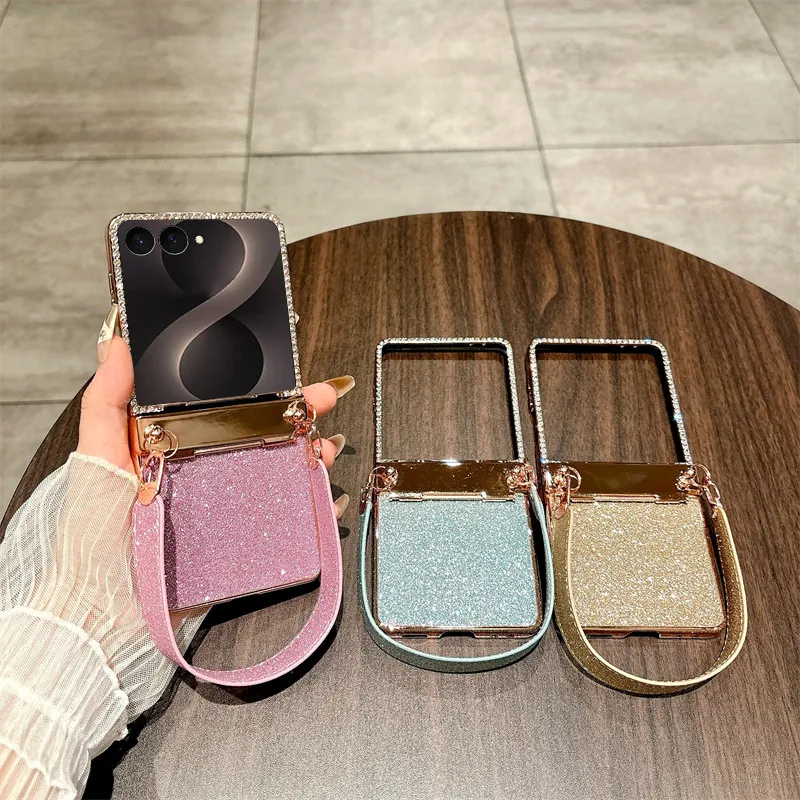Compatible with Samsung ZFlip 8 phone case, ZFLIP 7 foldable screen glitter wrist strap, full-coverage drop-proof protective leather case