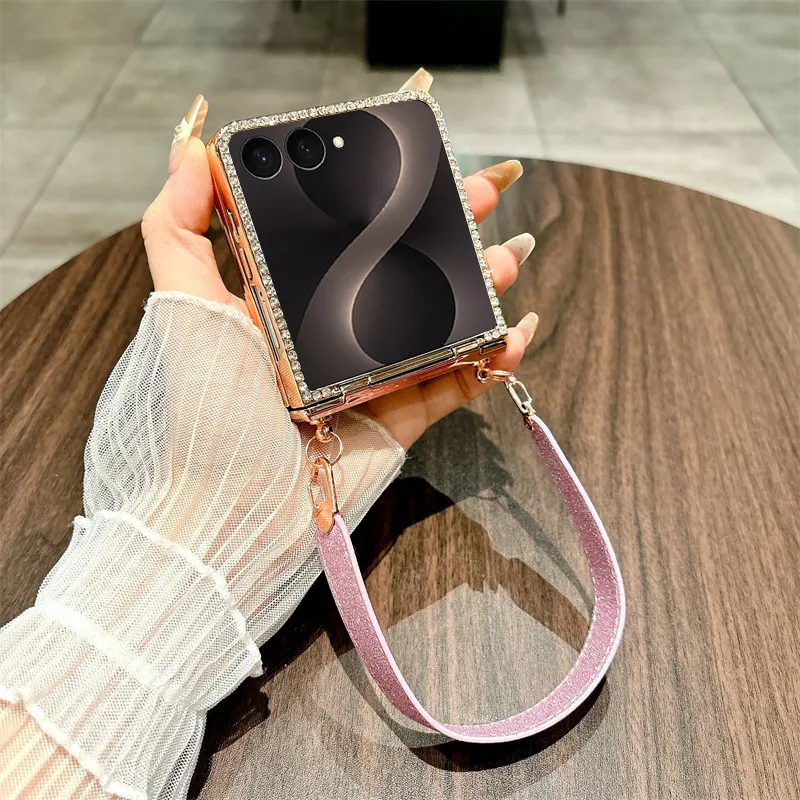 Compatible with Samsung ZFlip 8 phone case, ZFLIP 7 foldable screen glitter wrist strap, full-coverage drop-proof protective leather case
