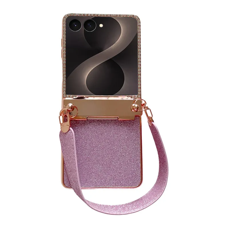 Compatible with Samsung ZFlip 8 phone case, ZFLIP 7 foldable screen glitter wrist strap, full-coverage drop-proof protective leather case