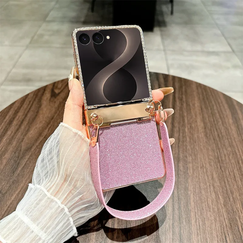 Compatible with Samsung ZFlip 8 phone case, ZFLIP 7 foldable screen glitter wrist strap, full-coverage drop-proof protective leather case