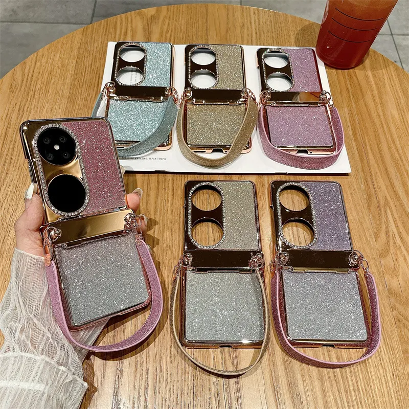 Huawei P50 Pocket Phone Case, P50 Foldable Screen Protector Stand, Glitter Handheld Wrist Strap, Full Coverage, Drop Protection