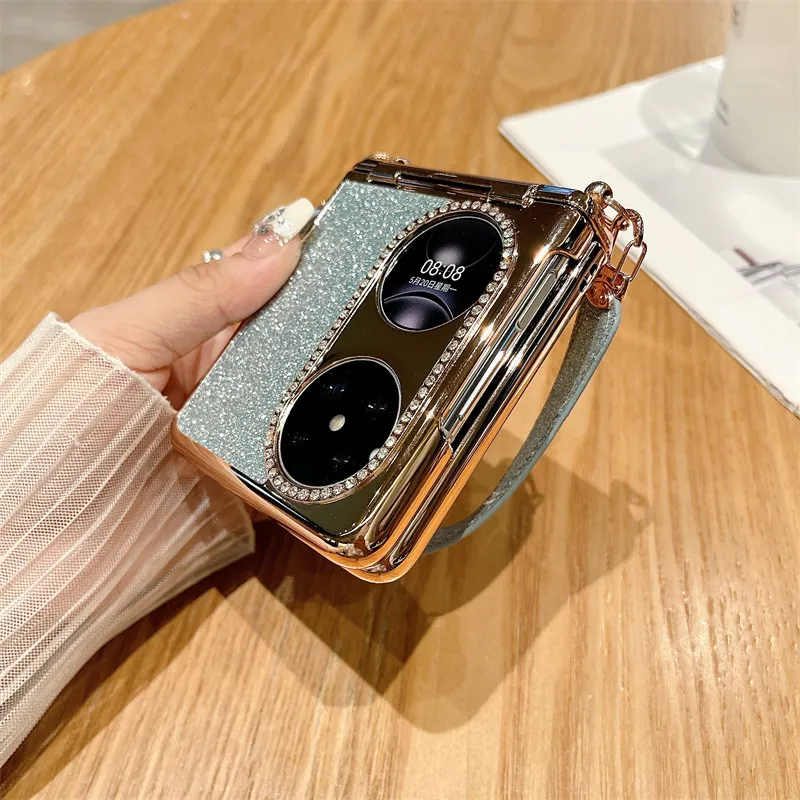 Huawei P50 Pocket Phone Case, P50 Foldable Screen Protector Stand, Glitter Handheld Wrist Strap, Full Coverage, Drop Protection