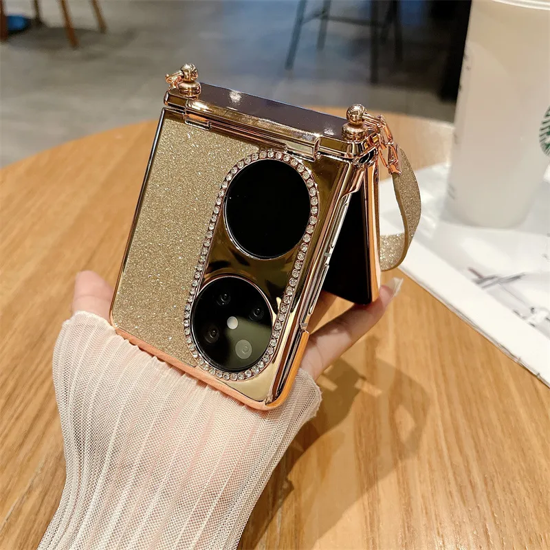 Huawei P50 Pocket Phone Case, P50 Foldable Screen Protector Stand, Glitter Handheld Wrist Strap, Full Coverage, Drop Protection