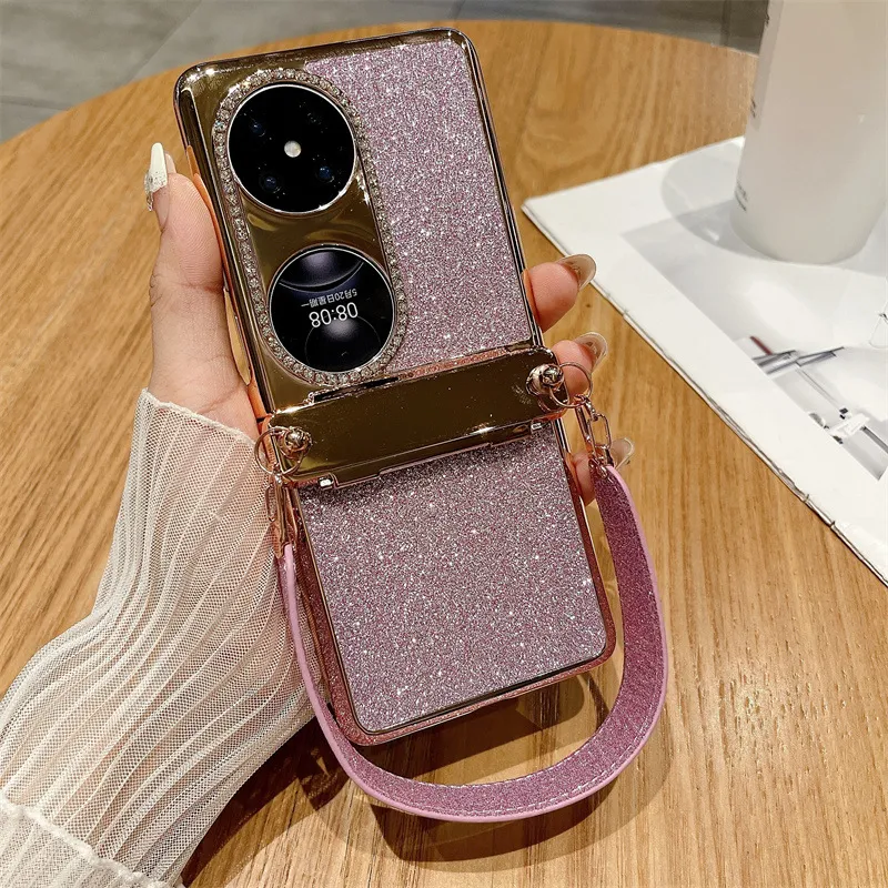 Huawei P50 Pocket Phone Case, P50 Foldable Screen Protector Stand, Glitter Handheld Wrist Strap, Full Coverage, Drop Protection
