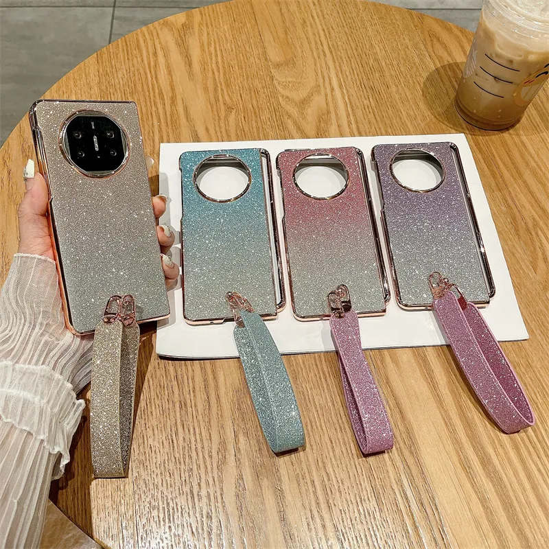 Compatible with Huawei Mate X5 phone case, MATE X3 foldable screen, light luxury glitter pink, wrist strap, drop-proof protective case