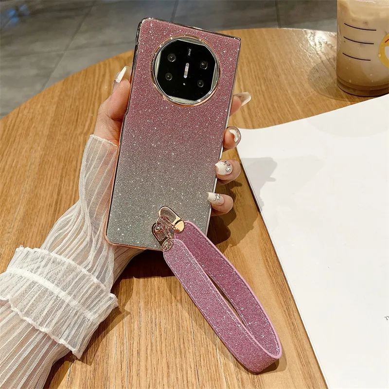 Compatible with Huawei Mate X5 phone case, MATE X3 foldable screen, light luxury glitter pink, wrist strap, drop-proof protective case