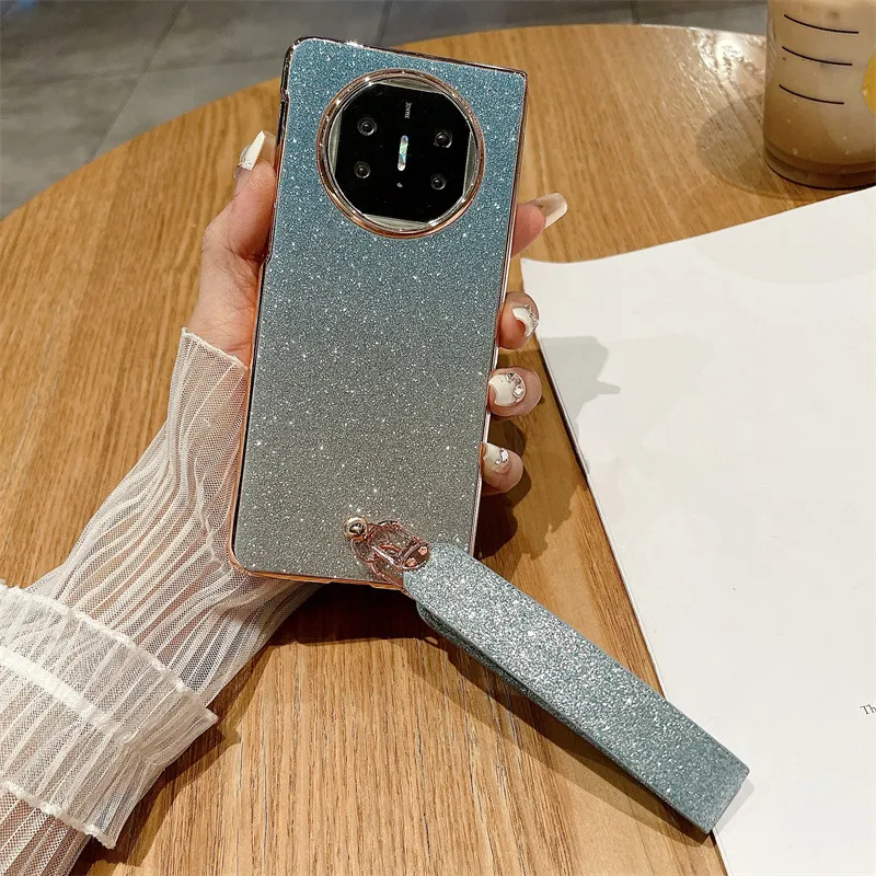 Compatible with Huawei Mate X5 phone case, MATE X3 foldable screen, light luxury glitter pink, wrist strap, drop-proof protective case