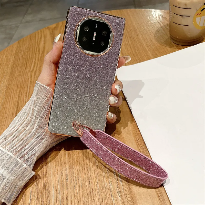 Compatible with Huawei Mate X5 phone case, MATE X3 foldable screen, light luxury glitter pink, wrist strap, drop-proof protective case