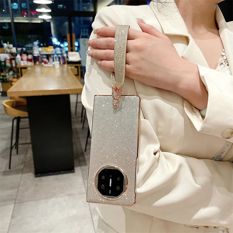 Compatible with Huawei Mate X5 phone case, MATE X3 foldable screen, light luxury glitter pink, wrist strap, drop-proof protective case