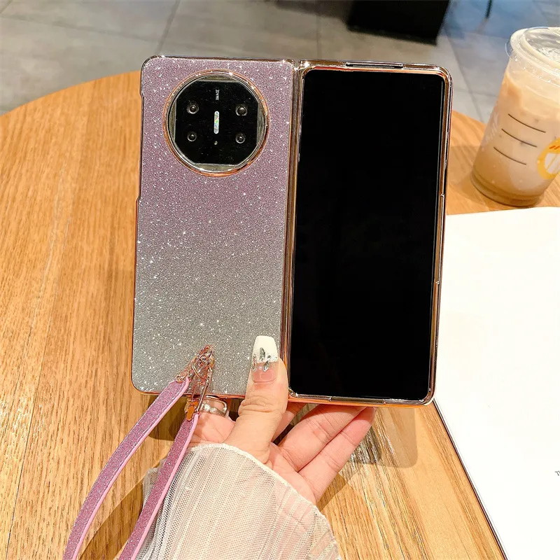 Compatible with Huawei Mate X5 phone case, MATE X3 foldable screen, light luxury glitter pink, wrist strap, drop-proof protective case