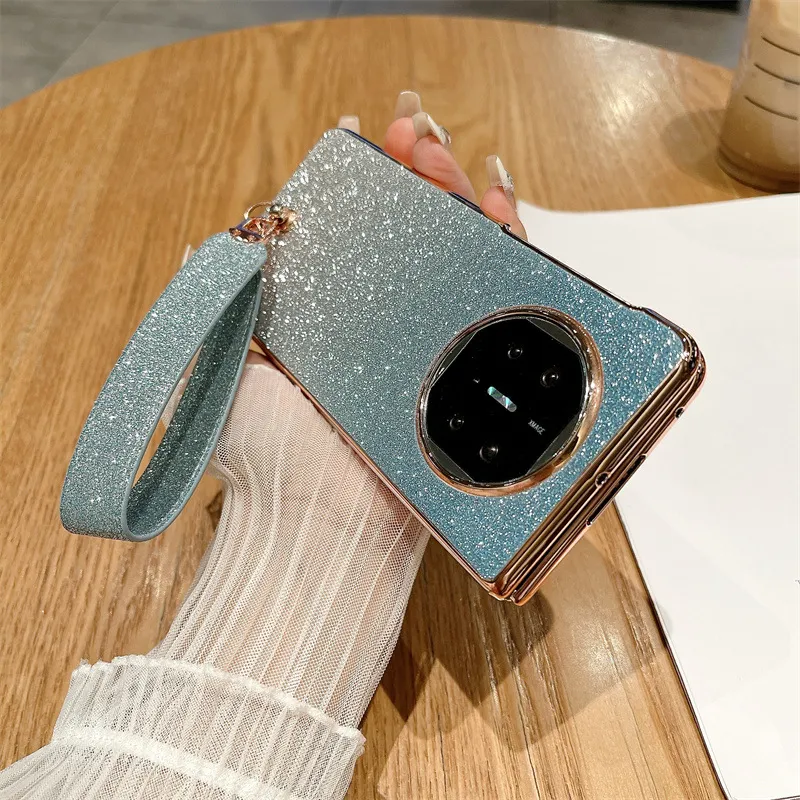 Compatible with Huawei Mate X5 phone case, MATE X3 foldable screen, light luxury glitter pink, wrist strap, drop-proof protective case