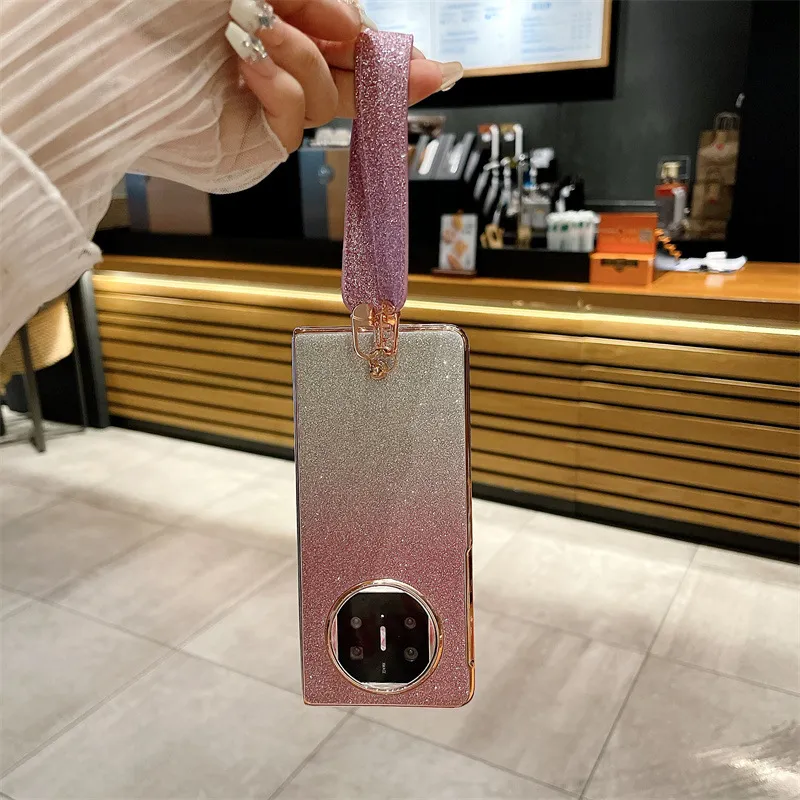 Compatible with Huawei Mate X5 phone case, MATE X3 foldable screen, light luxury glitter pink, wrist strap, drop-proof protective case