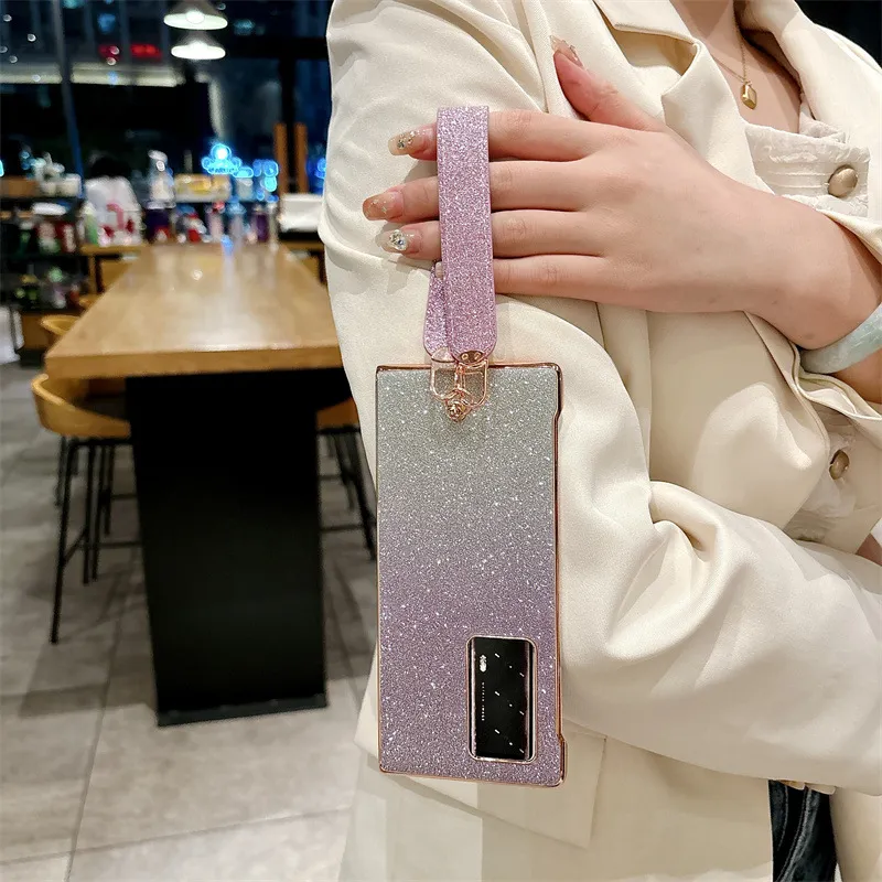 Compatible with Huawei Mate X2 phone case, MATE X2 vegan leather folding handle with wrist strap, glitter, drop-proof protective case