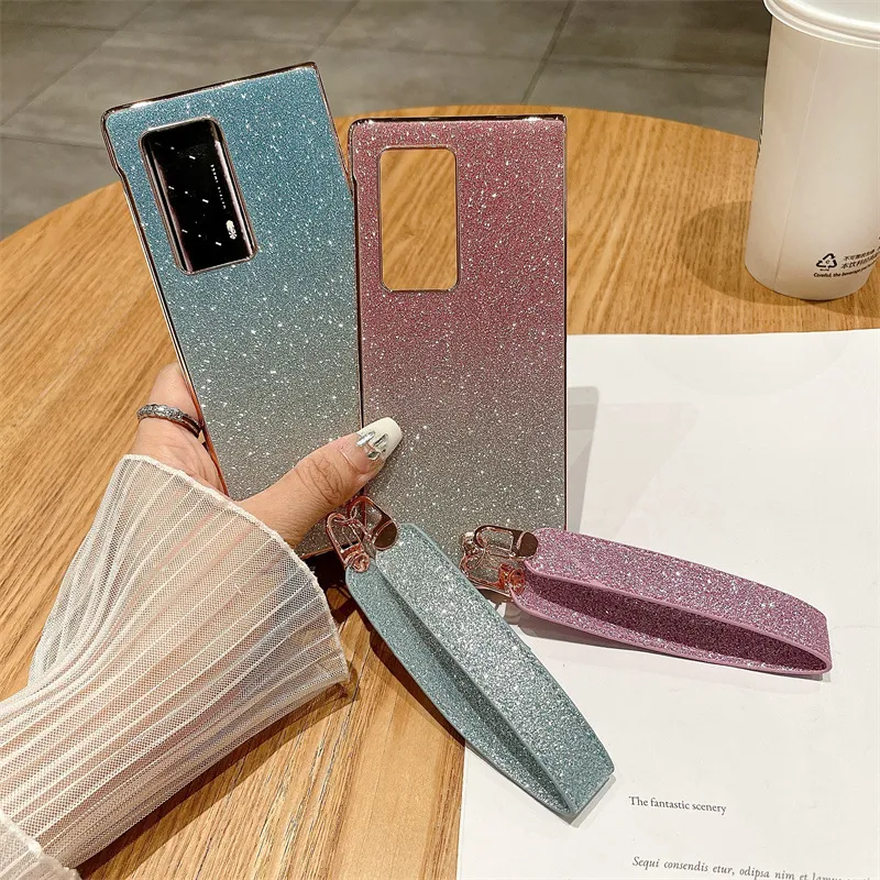 Compatible with Huawei Mate X2 phone case, MATE X2 vegan leather folding handle with wrist strap, glitter, drop-proof protective case