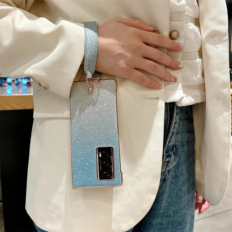 Compatible with Huawei Mate X2 phone case, MATE X2 vegan leather folding handle with wrist strap, glitter, drop-proof protective case