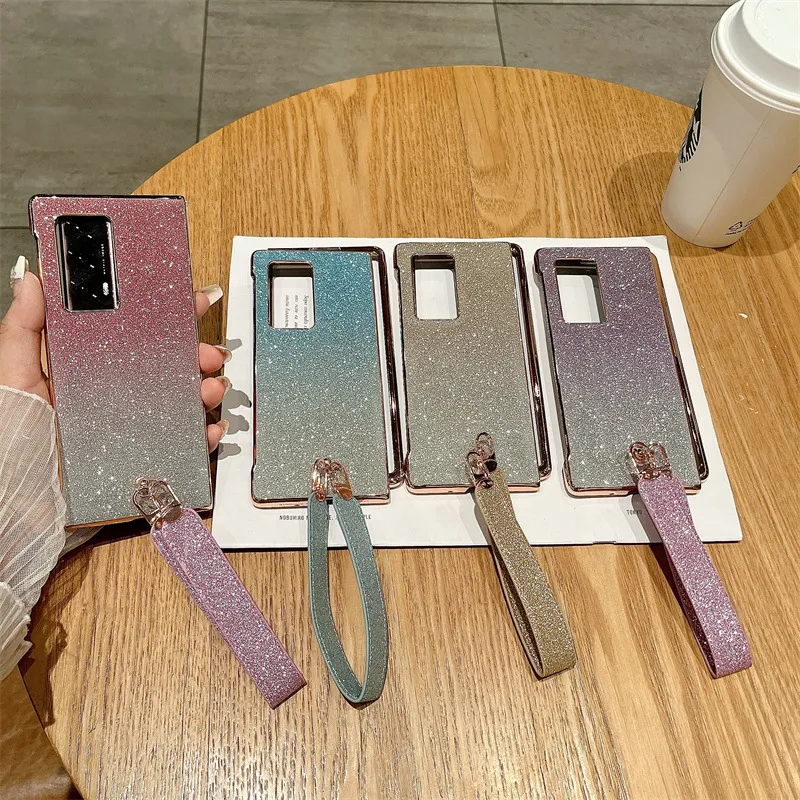 Compatible with Huawei Mate X2 phone case, MATE X2 vegan leather folding handle with wrist strap, glitter, drop-proof protective case