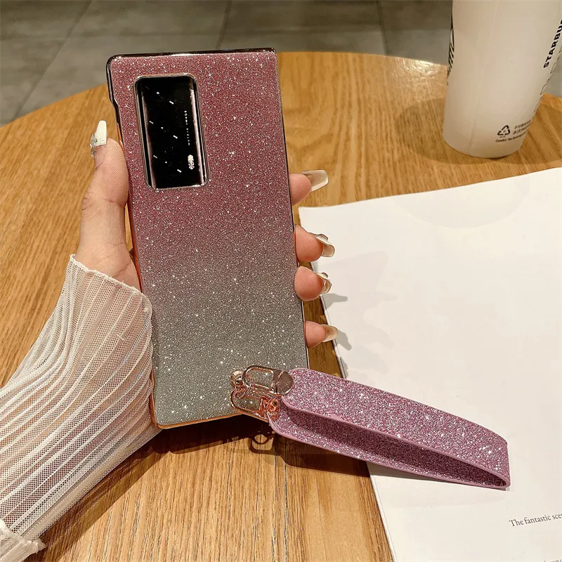 Compatible with Huawei Mate X2 phone case, MATE X2 vegan leather folding handle with wrist strap, glitter, drop-proof protective case