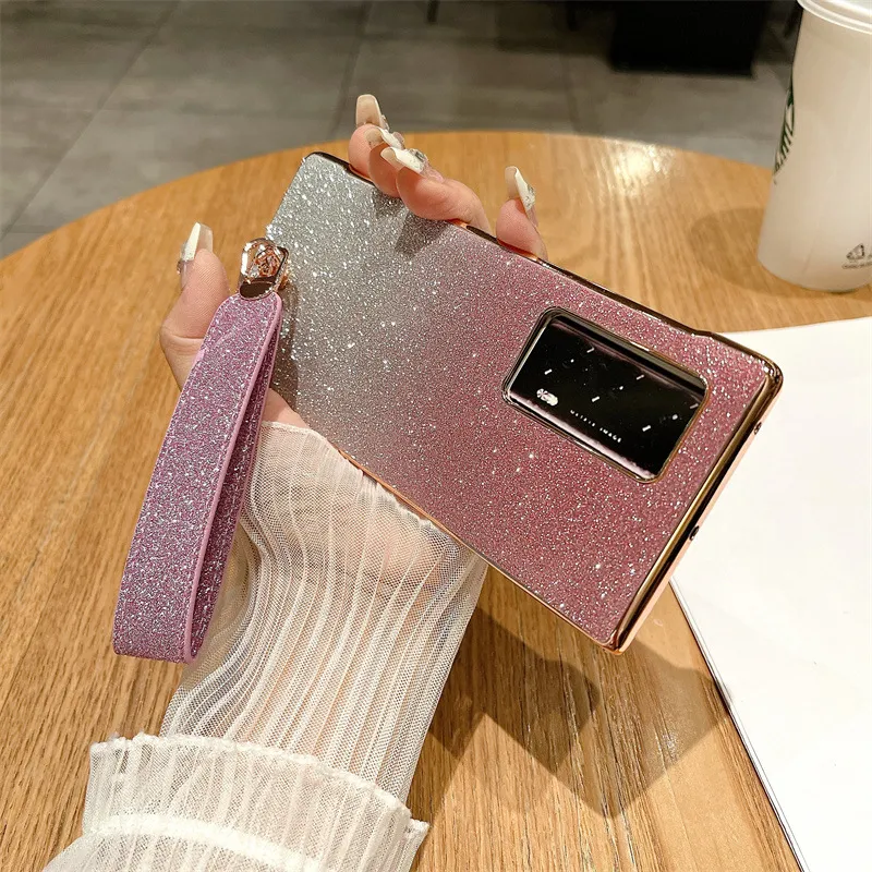 Compatible with Huawei Mate X2 phone case, MATE X2 vegan leather folding handle with wrist strap, glitter, drop-proof protective case