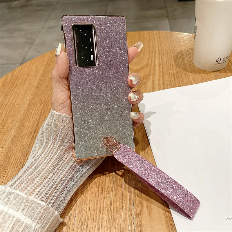 Compatible with Huawei Mate X2 phone case, MATE X2 vegan leather folding handle with wrist strap, glitter, drop-proof protective case