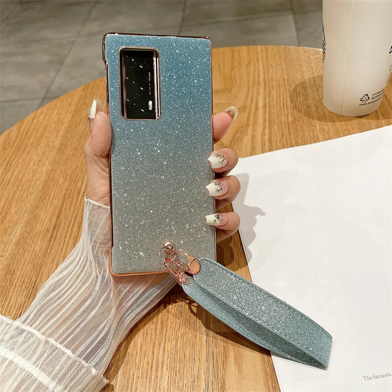 Compatible with Huawei Mate X2 phone case, MATE X2 vegan leather folding handle with wrist strap, glitter, drop-proof protective case