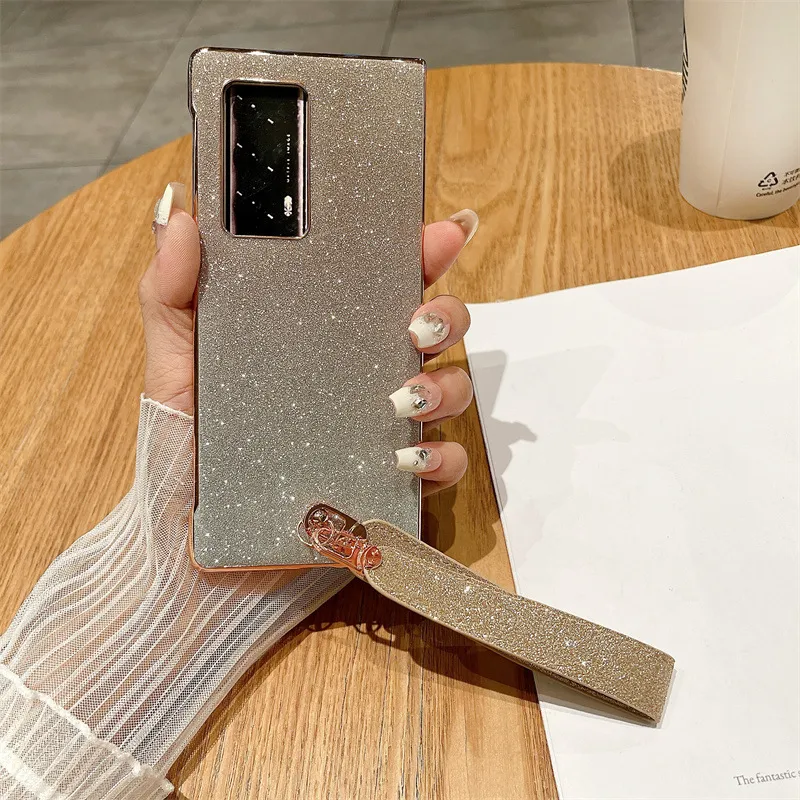 Compatible with Huawei Mate X2 phone case, MATE X2 vegan leather folding handle with wrist strap, glitter, drop-proof protective case