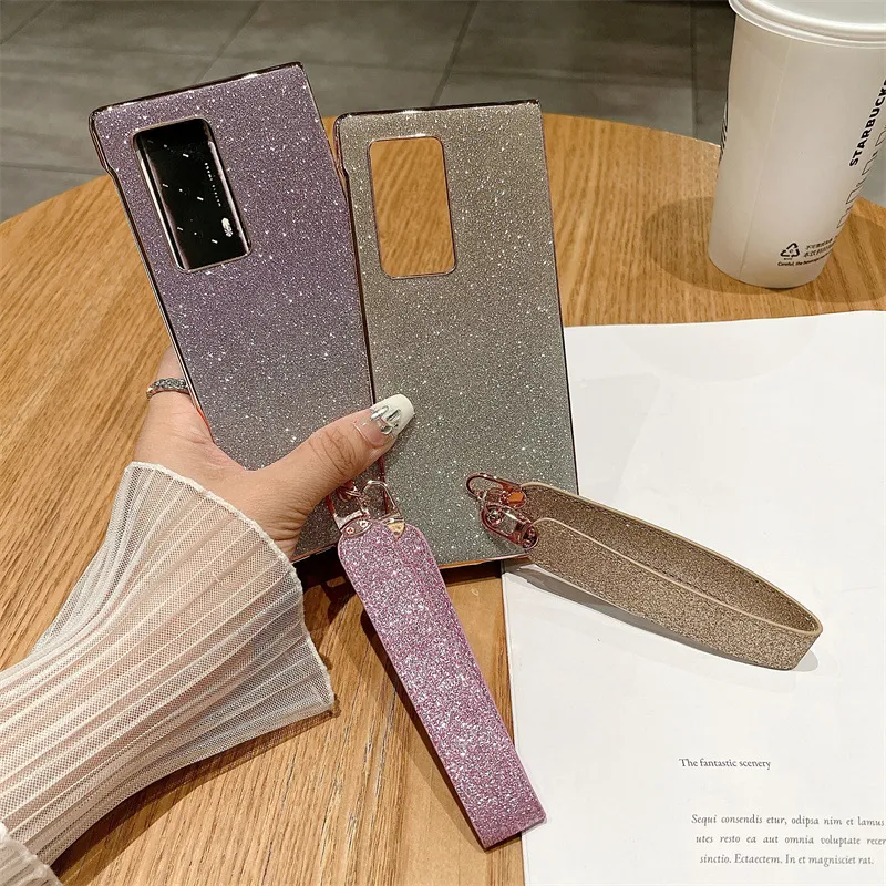 Compatible with Huawei Mate X2 phone case, MATE X2 vegan leather folding handle with wrist strap, glitter, drop-proof protective case