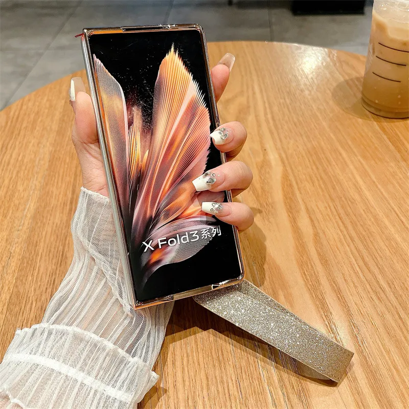 VIVO XFOLD3 phone case, xfold3pro folding glitter wrist strap, vegan leather, shockproof protective case.