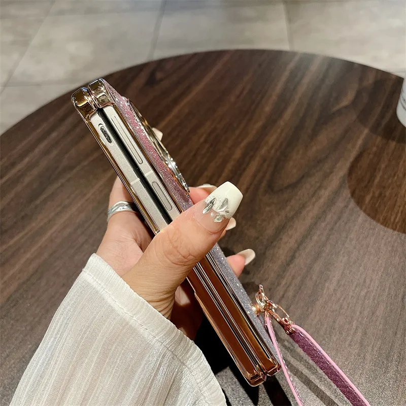 Compatible with OPPO Find N3 phone case, foldable screen, FINDN2 carrying wrist strap, glittery leather, drop-proof protective case