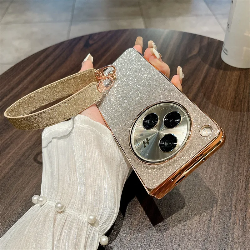 Compatible with OPPO Find N3 phone case, foldable screen, FINDN2 carrying wrist strap, glittery leather, drop-proof protective case