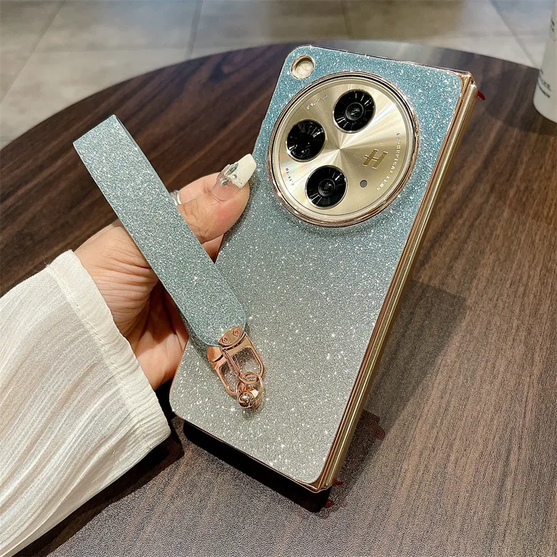 Compatible with OPPO Find N3 phone case, foldable screen, FINDN2 carrying wrist strap, glittery leather, drop-proof protective case