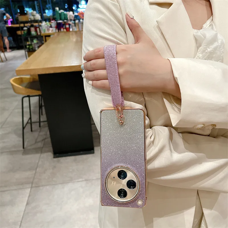 Compatible with OPPO Find N3 phone case, foldable screen, FINDN2 carrying wrist strap, glittery leather, drop-proof protective case