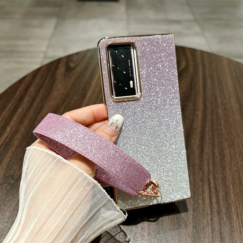 Honor MagicV2 phone case, glitter, ultra-thin foldable screen case, wrist strap, full-coverage drop-proof protective case.