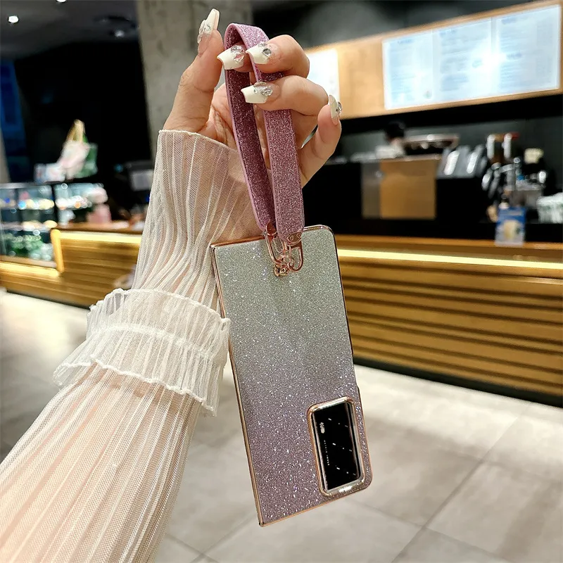 Honor MagicV2 phone case, glitter, ultra-thin foldable screen case, wrist strap, full-coverage drop-proof protective case.