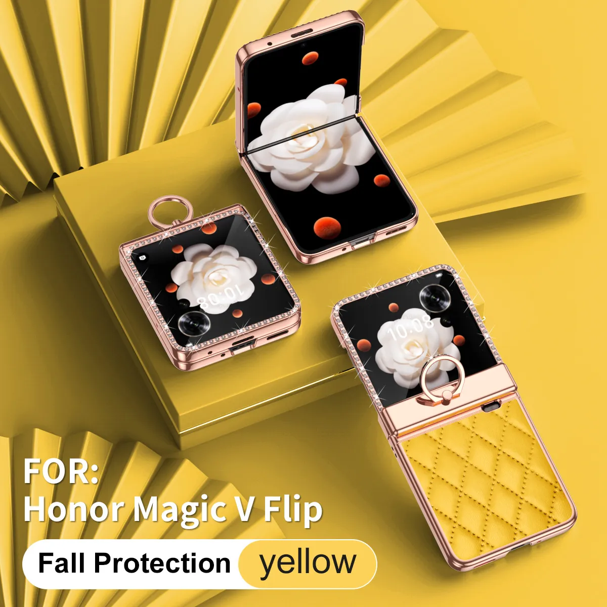Luxury electroplated diamond-encased full-coverage drop-proof protective case for Honor Magic V Flip2 phone with foldable screen.